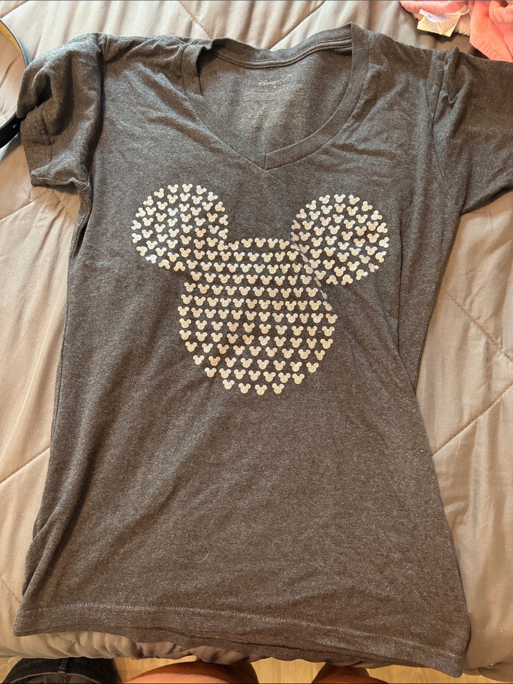 Disney Charcoal V-Neck Tee with White Mickey Head Pattern
